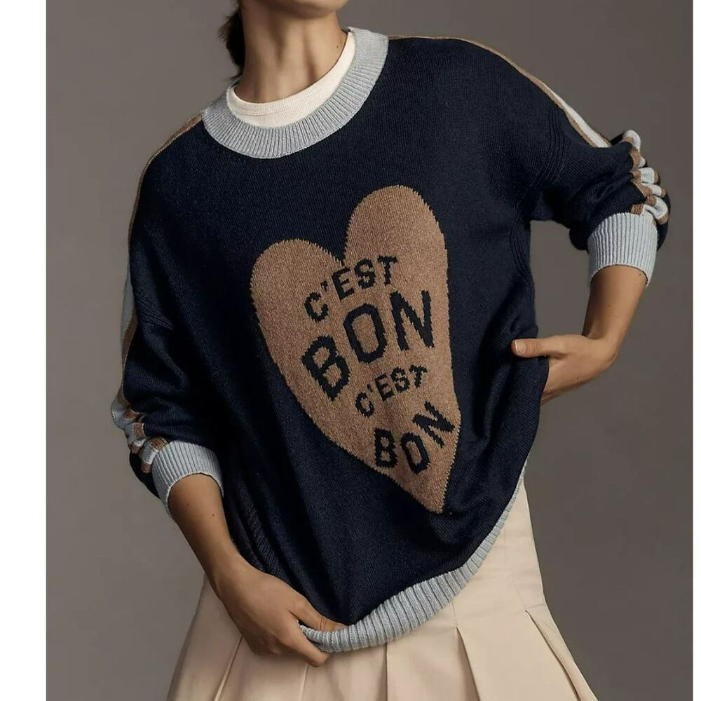 Maeve Anthropologie C'est Bon Graphic Tunic Sweater Navy Blue Women's Sz XL